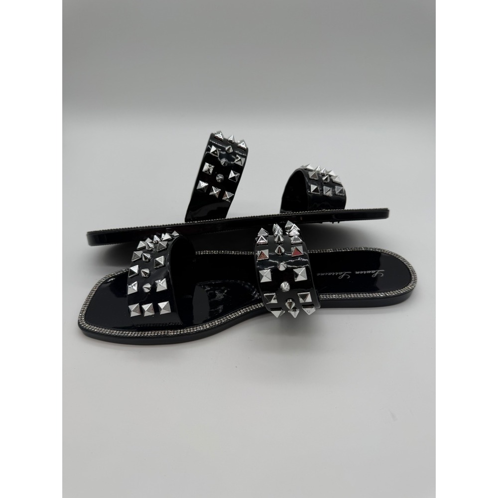 Lauren Lorraine Black Patent Jelly Studded Slide Sandals Silver Pyramid Stud 8.5